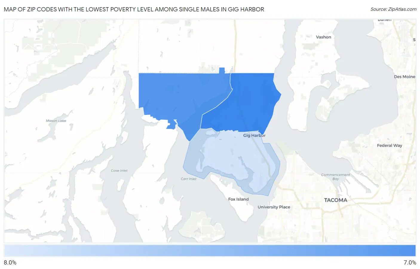 Zip Codes with the Lowest Poverty Level Among Single Males in Gig Harbor Map