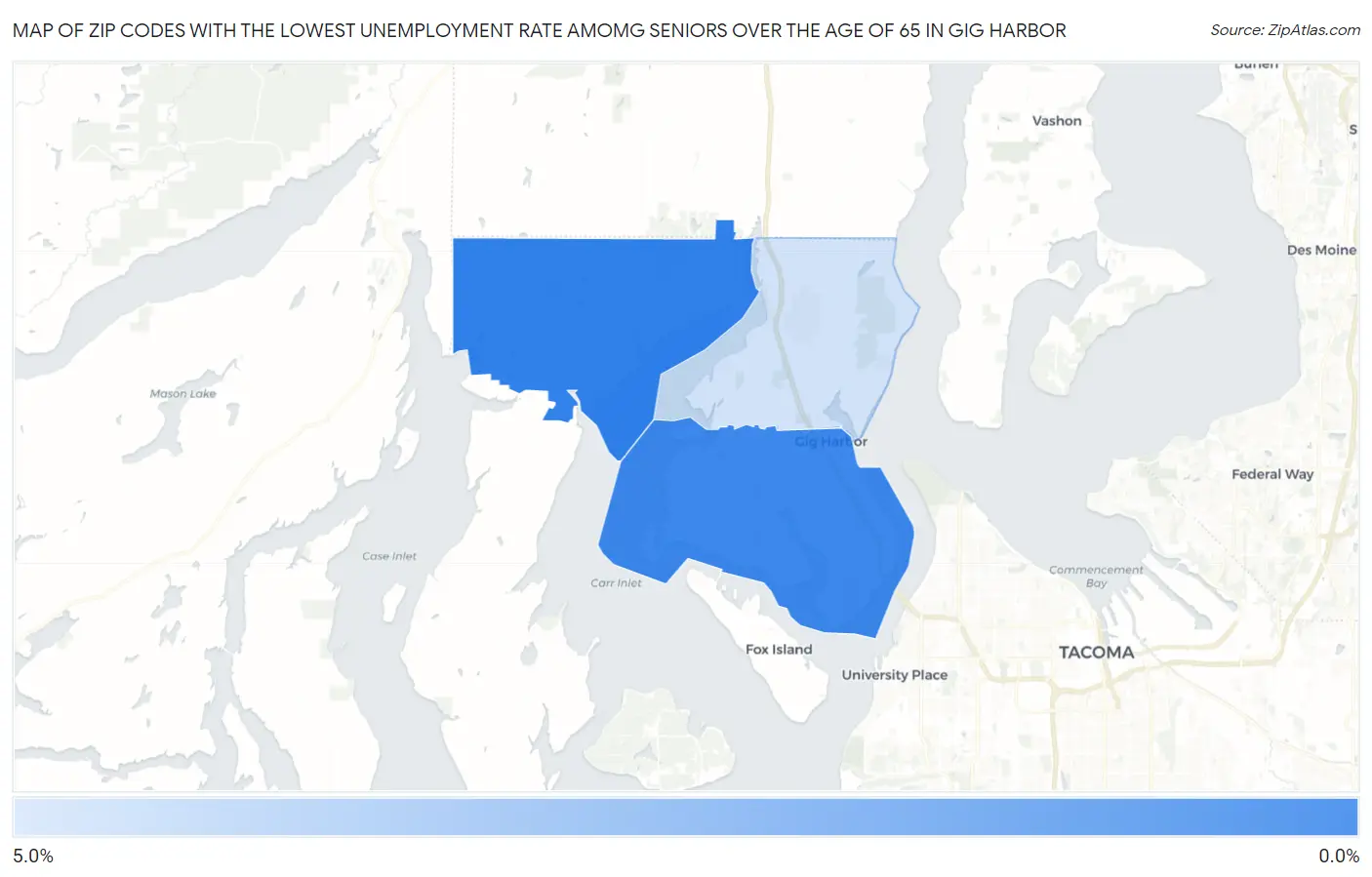 Zip Codes with the Lowest Unemployment Rate Amomg Seniors Over the Age of 65 in Gig Harbor Map