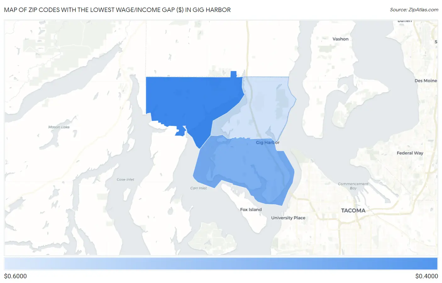 Zip Codes with the Lowest Wage/Income Gap ($) in Gig Harbor Map