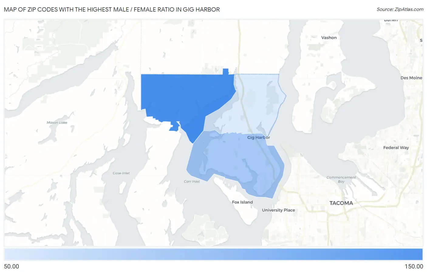 Zip Codes with the Highest Male / Female Ratio in Gig Harbor Map