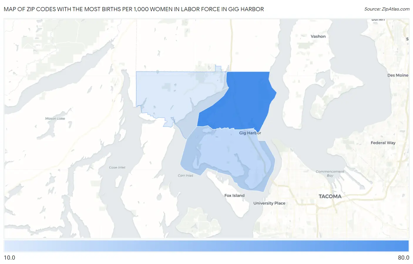 Zip Codes with the Most Births per 1,000 Women in Labor Force in Gig Harbor Map