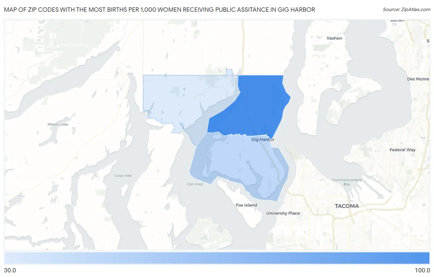 Zip Codes with the Most Births per 1,000 Women Receiving Public Assitance in Gig Harbor Map