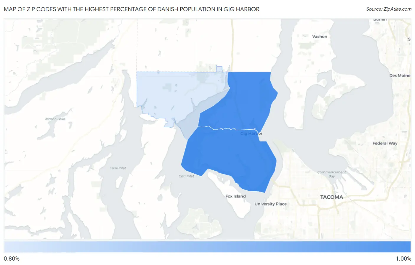 Zip Codes with the Highest Percentage of Danish Population in Gig Harbor Map