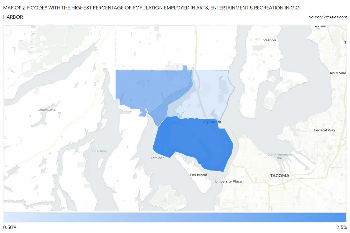 Zip Codes with the Highest Percentage of Population Employed in Arts, Entertainment & Recreation in Gig Harbor Map