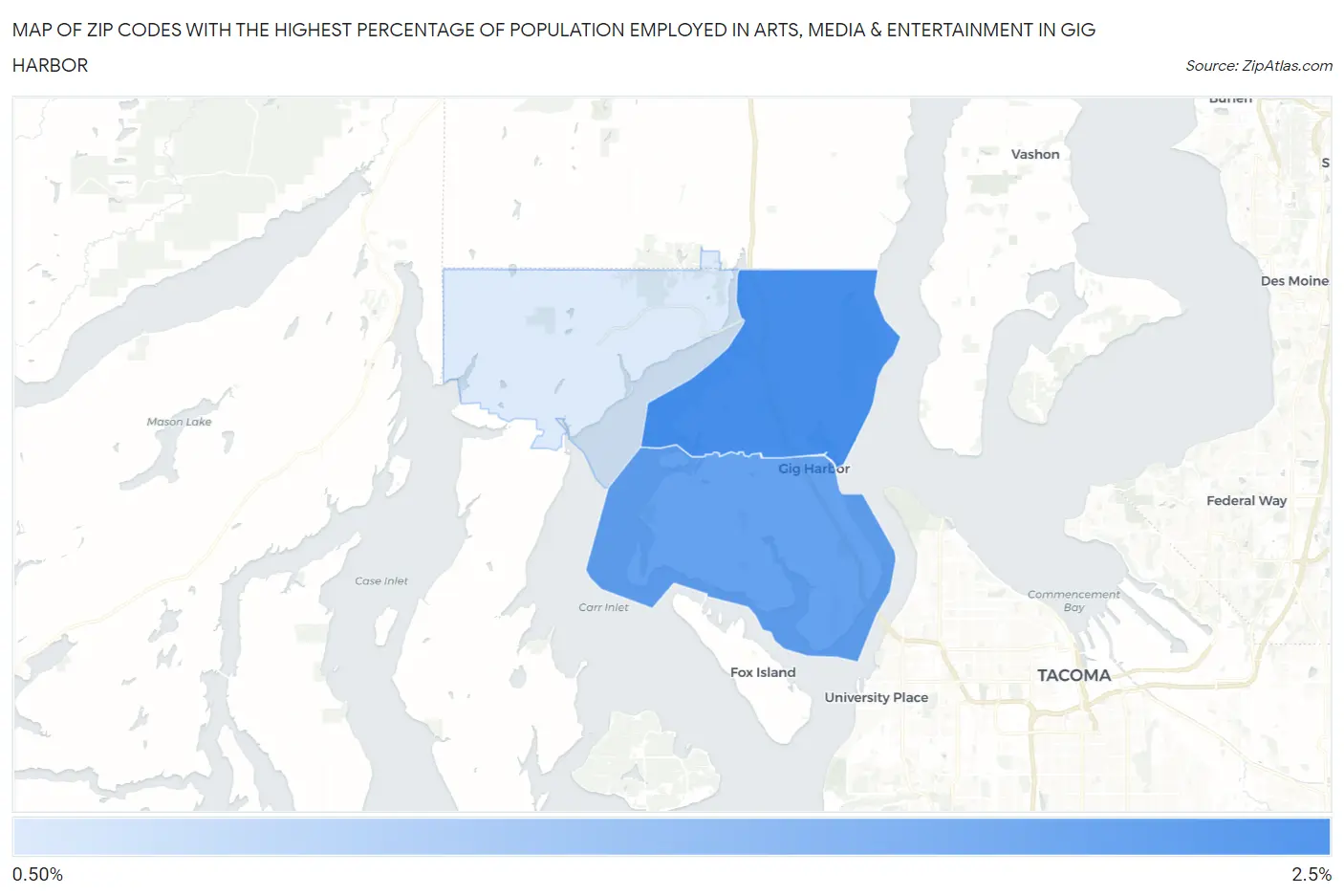 Zip Codes with the Highest Percentage of Population Employed in Arts, Media & Entertainment in Gig Harbor Map