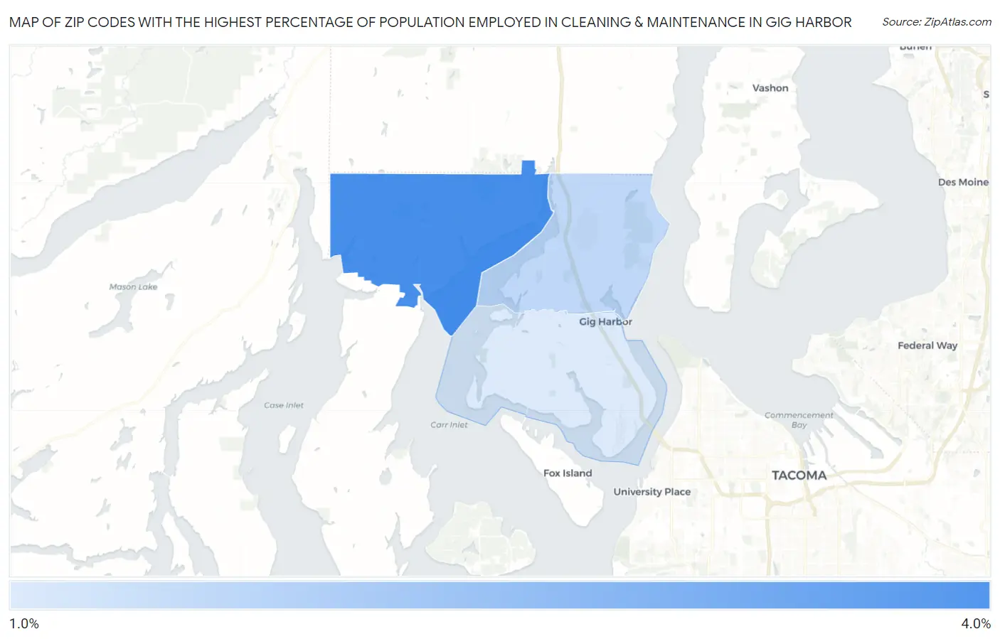 Zip Codes with the Highest Percentage of Population Employed in Cleaning & Maintenance in Gig Harbor Map