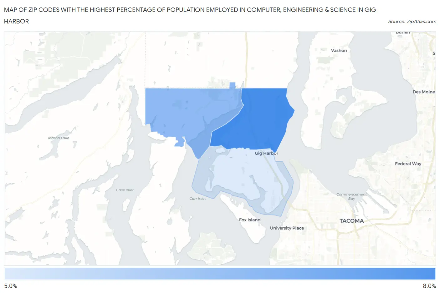 Zip Codes with the Highest Percentage of Population Employed in Computer, Engineering & Science in Gig Harbor Map