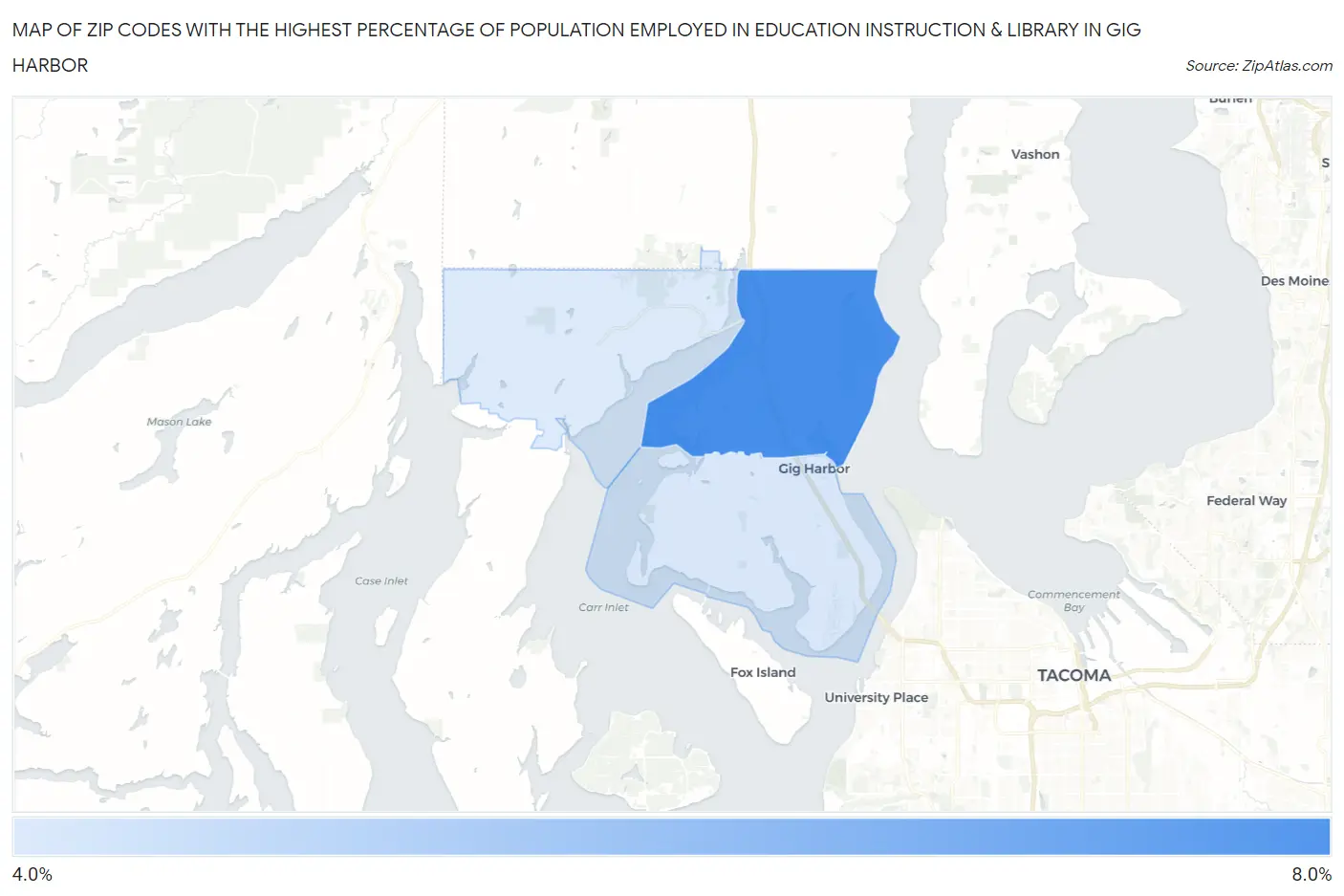 Zip Codes with the Highest Percentage of Population Employed in Education Instruction & Library in Gig Harbor Map