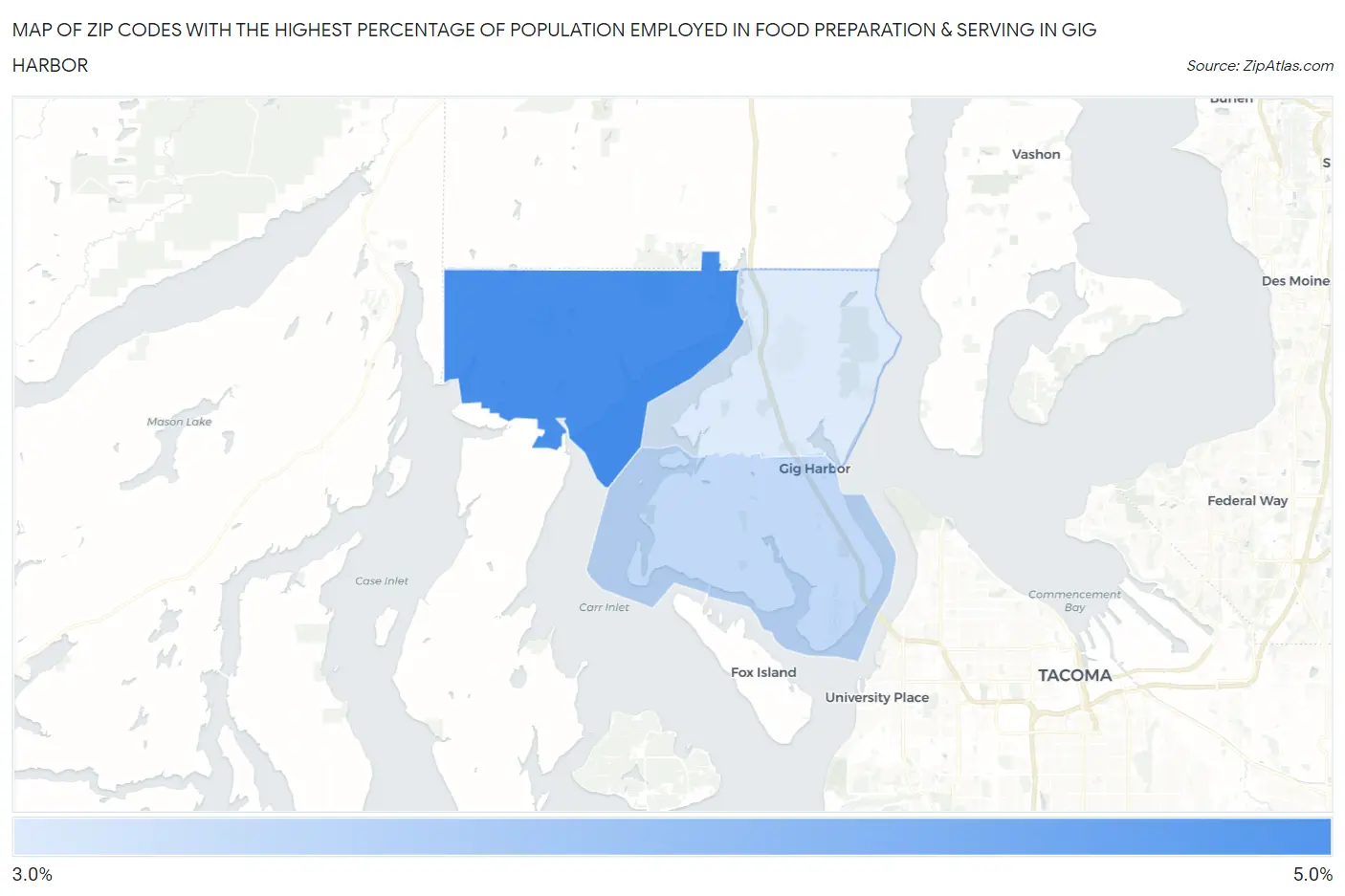 Zip Codes with the Highest Percentage of Population Employed in Food Preparation & Serving in Gig Harbor Map