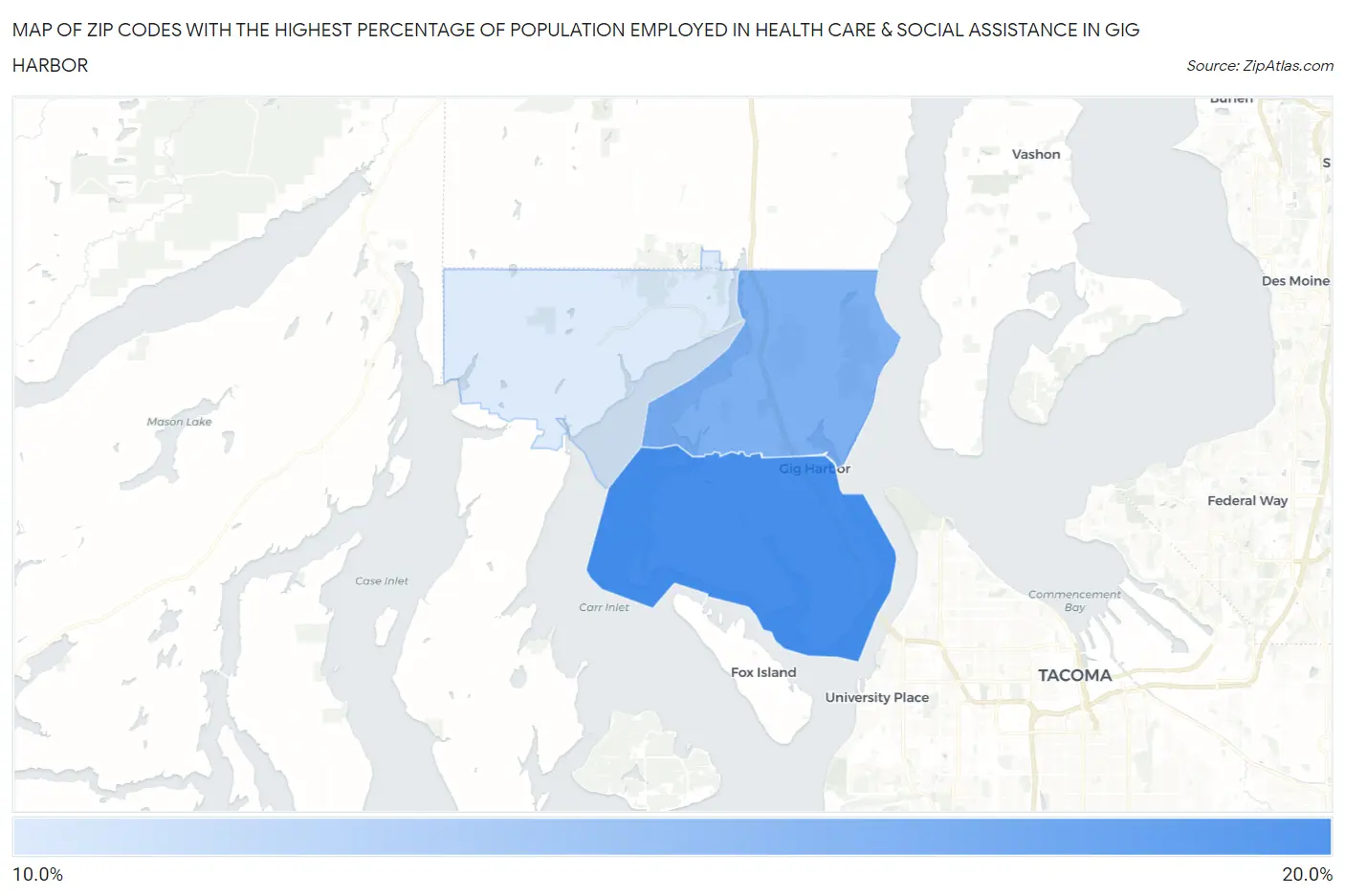 Zip Codes with the Highest Percentage of Population Employed in Health Care & Social Assistance in Gig Harbor Map
