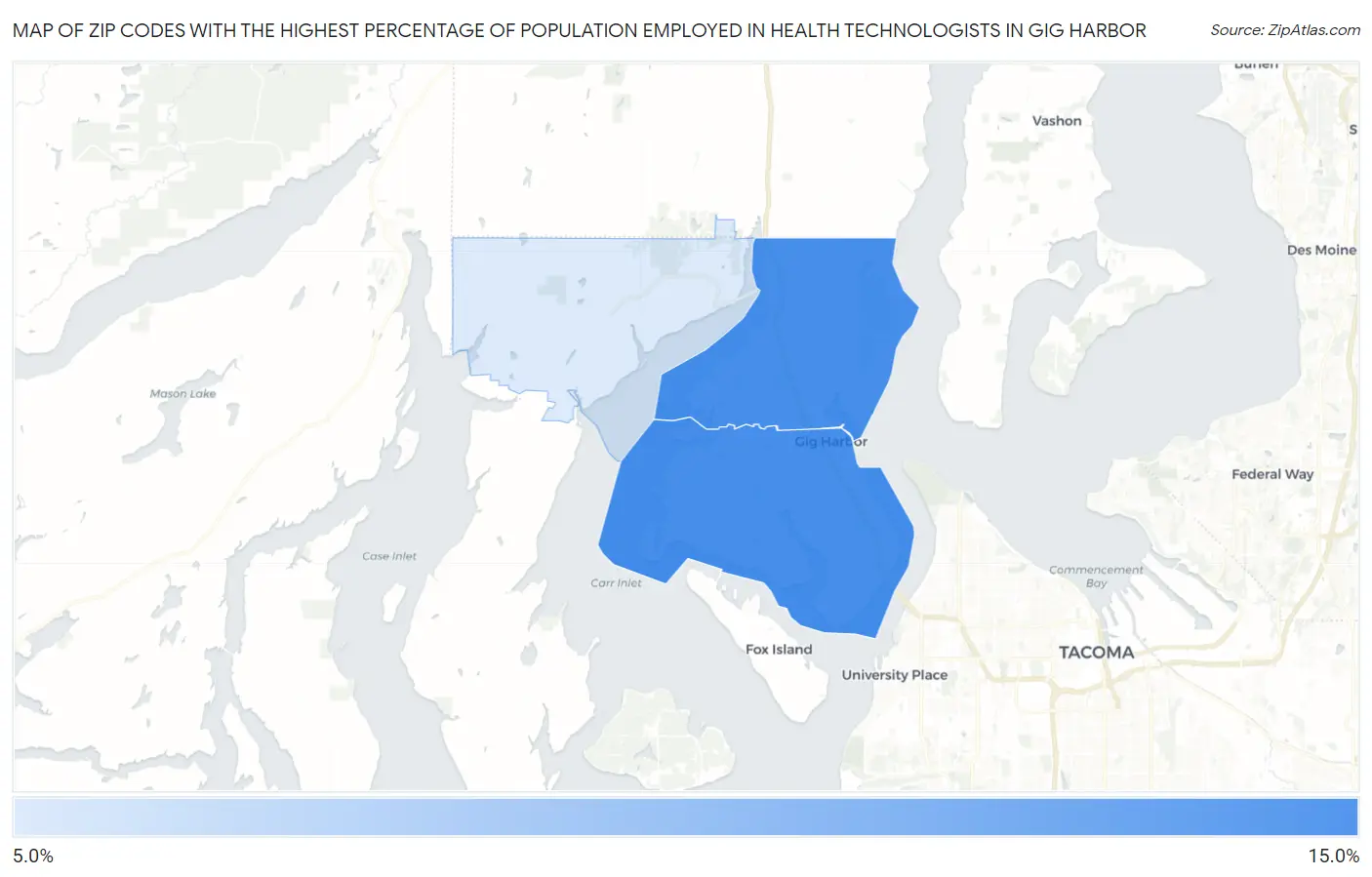 Zip Codes with the Highest Percentage of Population Employed in Health Technologists in Gig Harbor Map