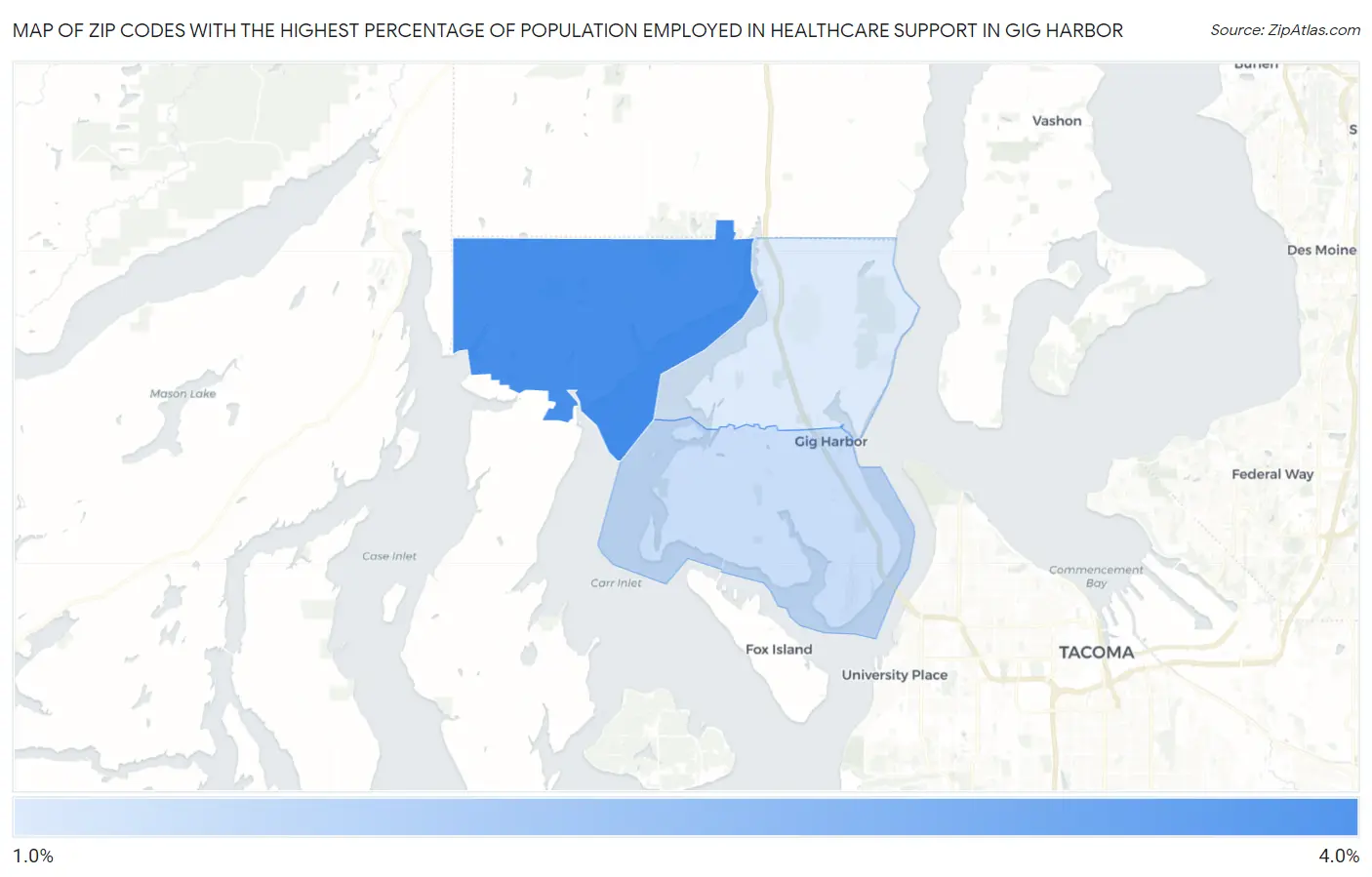 Zip Codes with the Highest Percentage of Population Employed in Healthcare Support in Gig Harbor Map