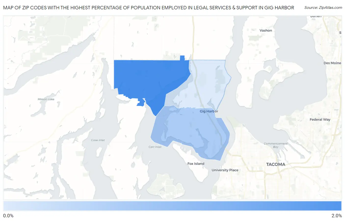 Zip Codes with the Highest Percentage of Population Employed in Legal Services & Support in Gig Harbor Map