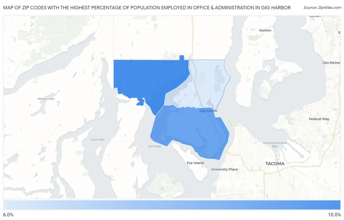 Zip Codes with the Highest Percentage of Population Employed in Office & Administration in Gig Harbor Map