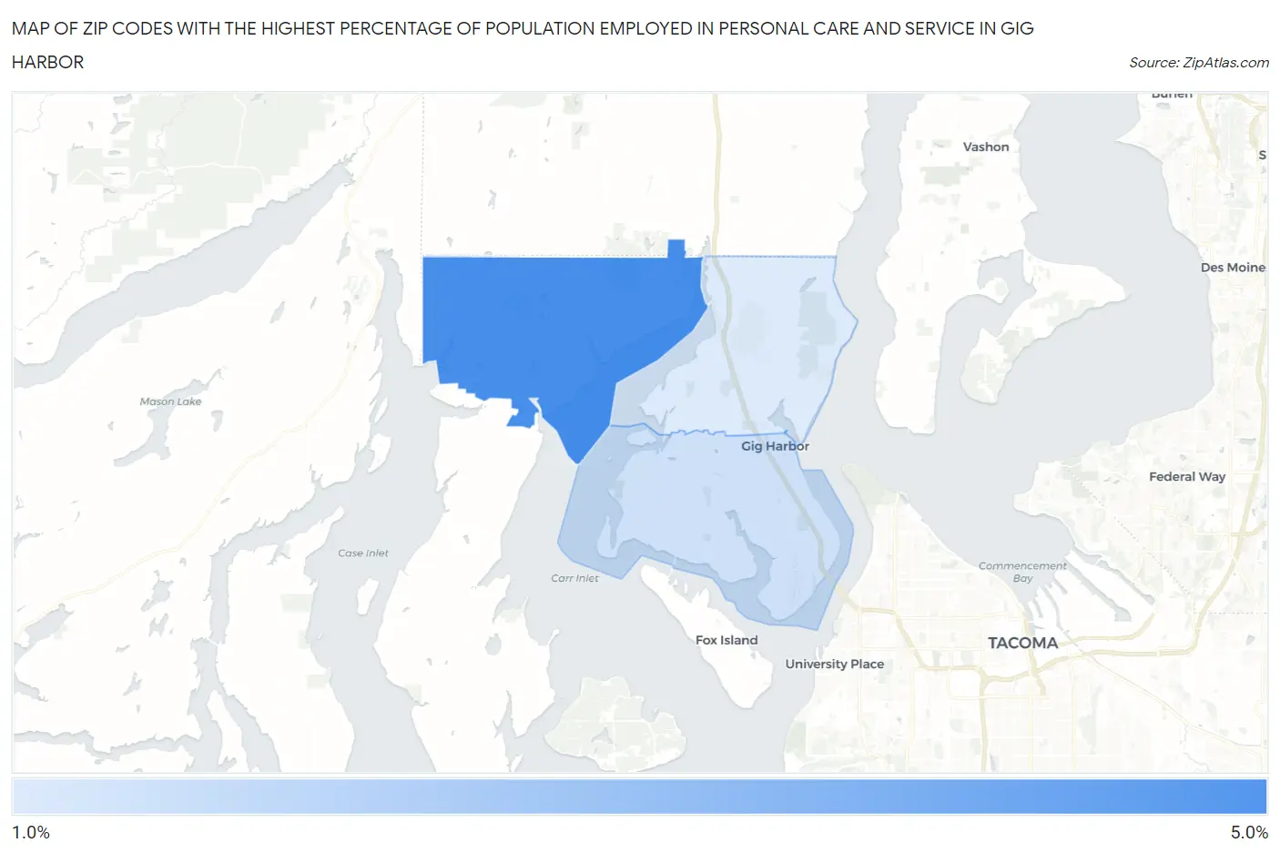 Zip Codes with the Highest Percentage of Population Employed in Personal Care and Service in Gig Harbor Map
