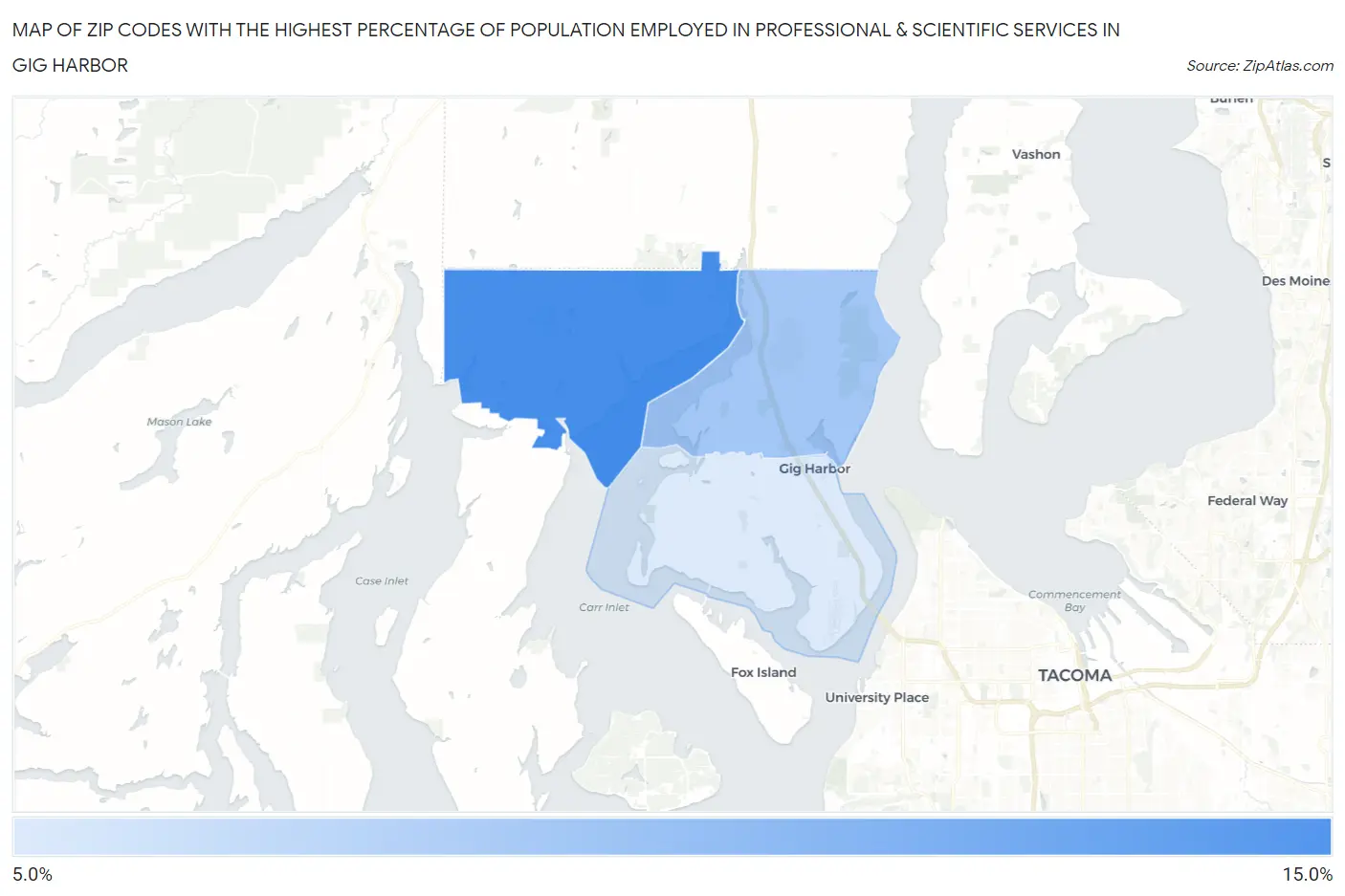 Zip Codes with the Highest Percentage of Population Employed in Professional & Scientific Services in Gig Harbor Map