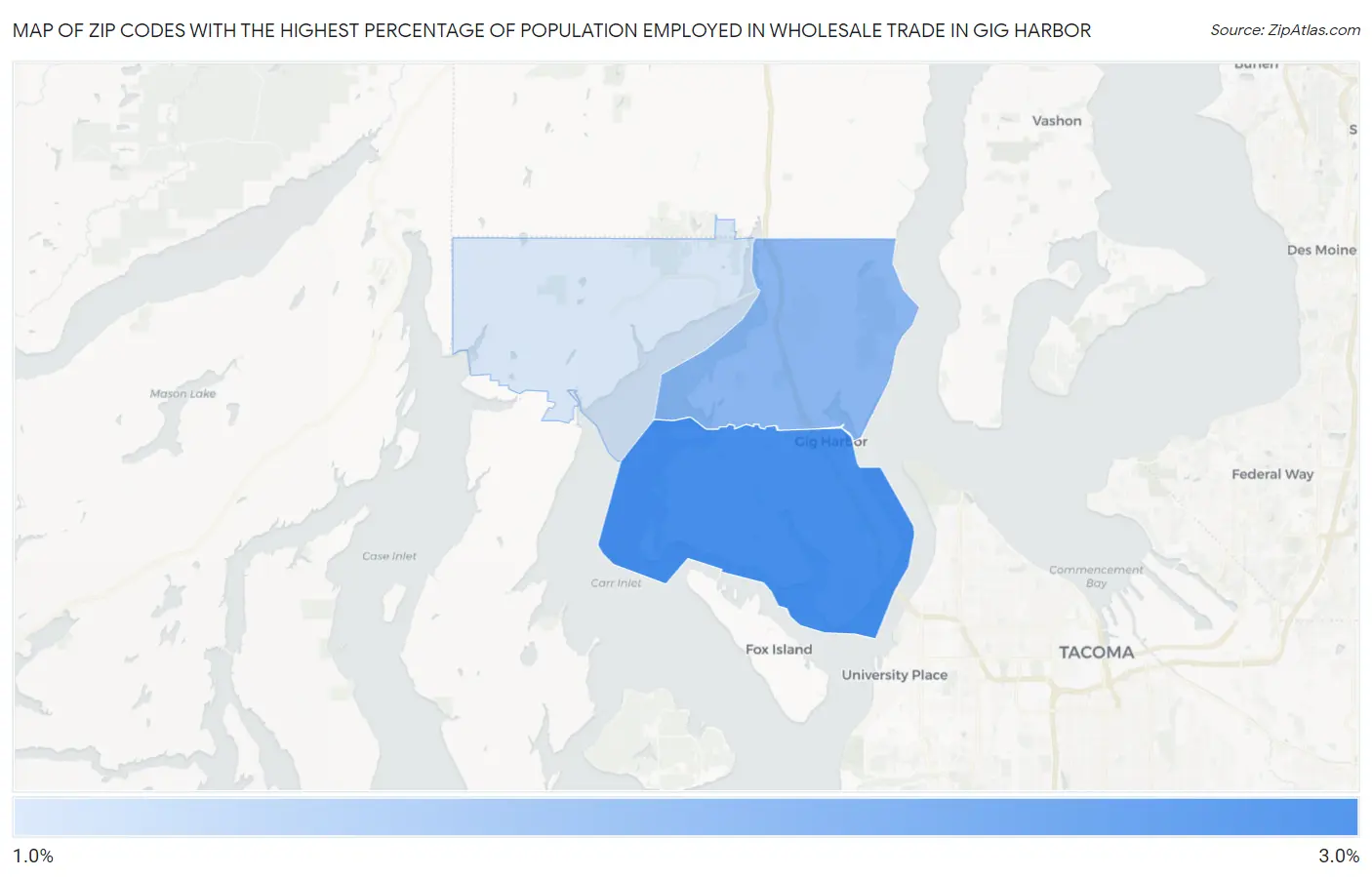 Zip Codes with the Highest Percentage of Population Employed in Wholesale Trade in Gig Harbor Map