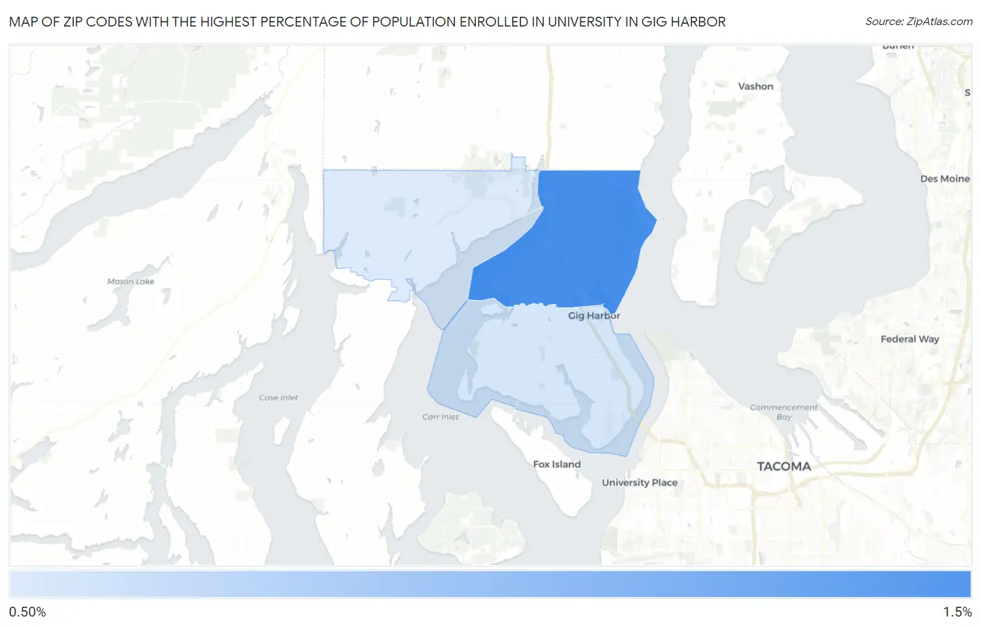 Zip Codes with the Highest Percentage of Population Enrolled in University in Gig Harbor Map