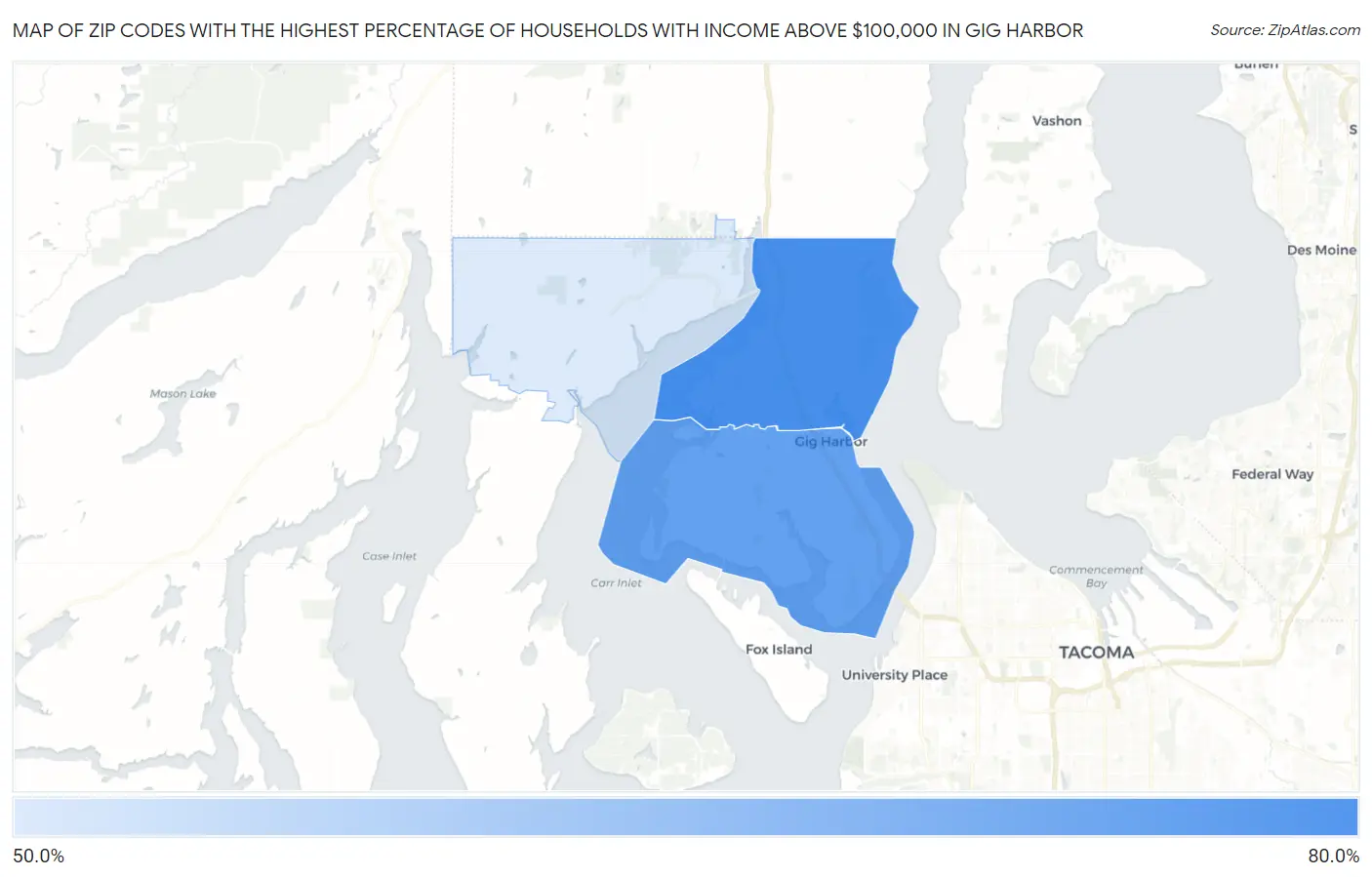 Zip Codes with the Highest Percentage of Households with Income Above $100,000 in Gig Harbor Map