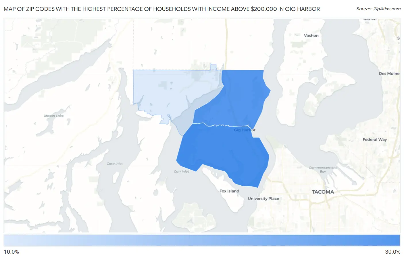 Zip Codes with the Highest Percentage of Households with Income Above $200,000 in Gig Harbor Map
