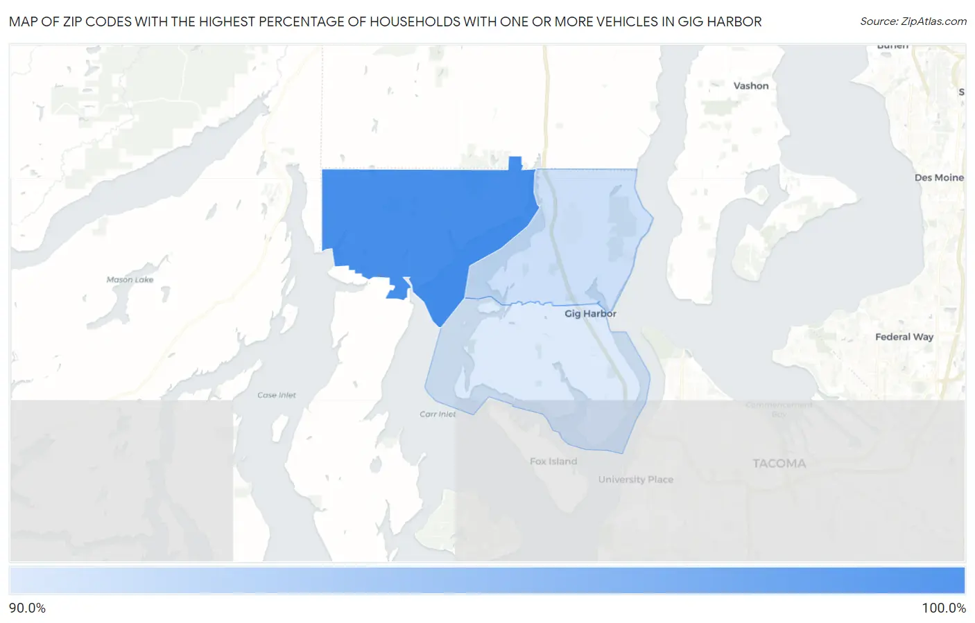 Zip Codes with the Highest Percentage of Households With One or more Vehicles in Gig Harbor Map