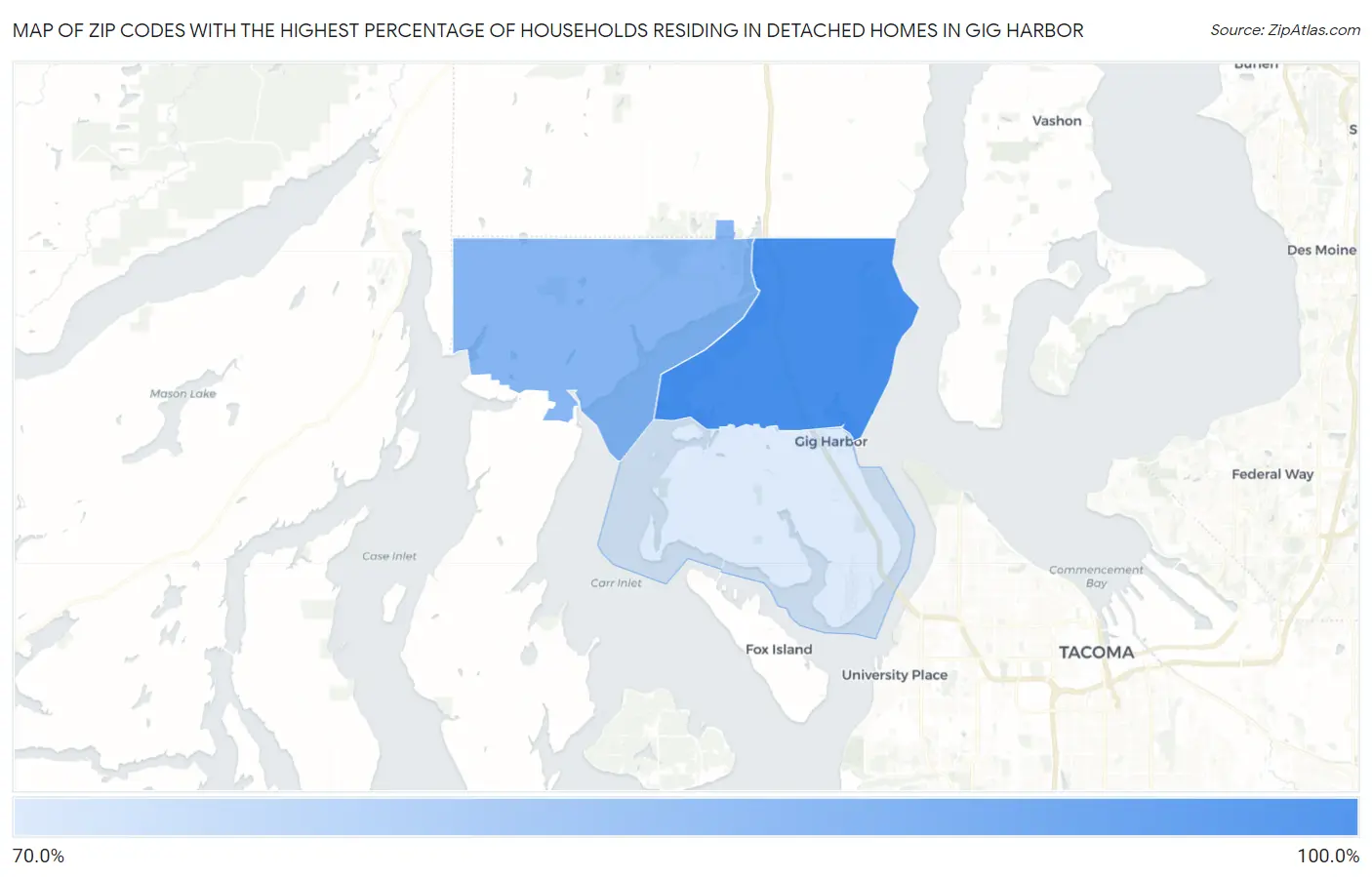 Zip Codes with the Highest Percentage of Households Residing in Detached Homes in Gig Harbor Map