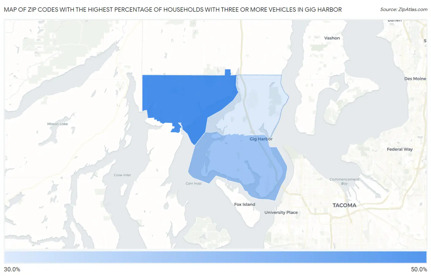 Zip Codes with the Highest Percentage of Households With Three or more Vehicles in Gig Harbor Map
