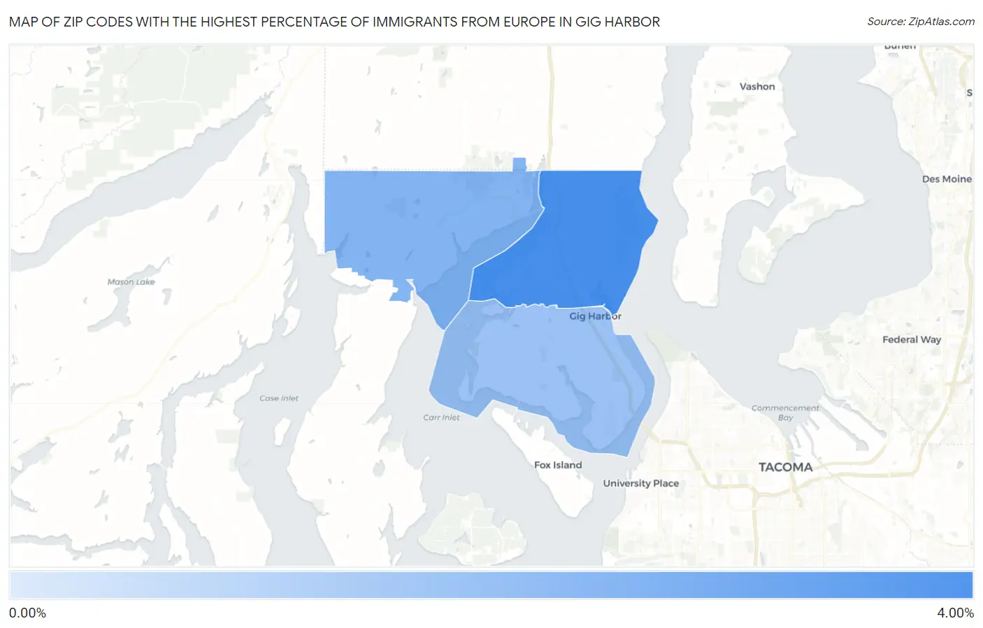 Zip Codes with the Highest Percentage of Immigrants from Europe in Gig Harbor Map