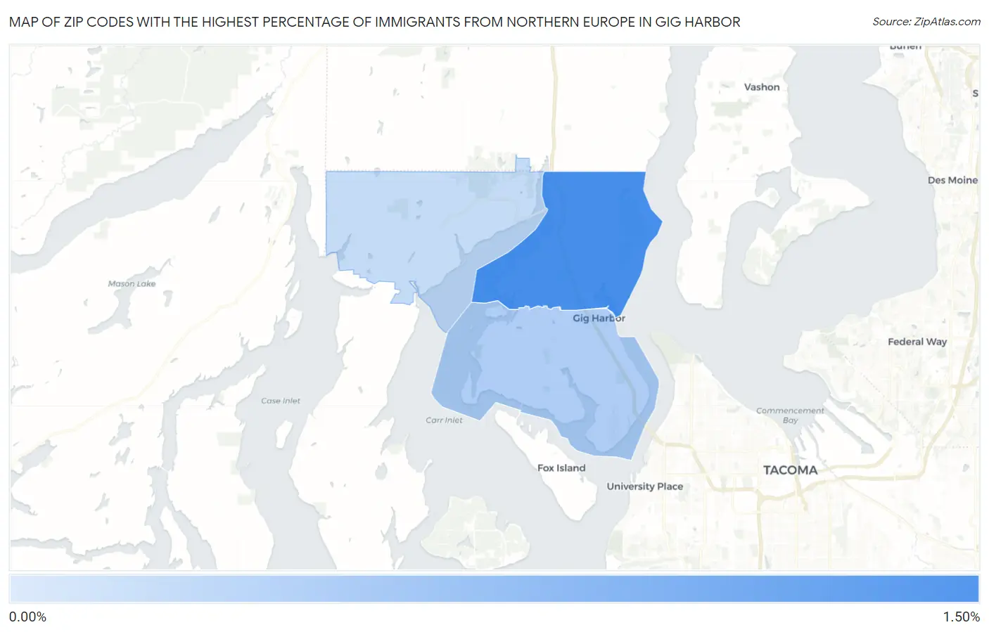 Zip Codes with the Highest Percentage of Immigrants from Northern Europe in Gig Harbor Map