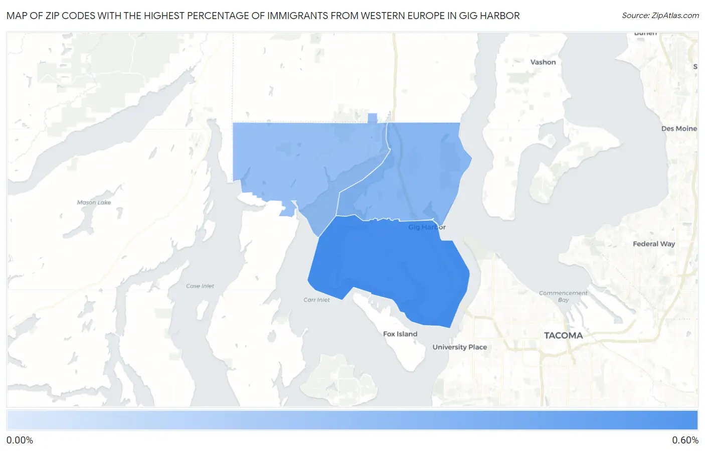 Zip Codes with the Highest Percentage of Immigrants from Western Europe in Gig Harbor Map