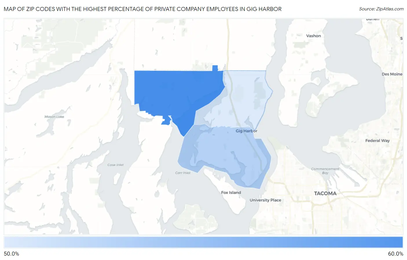 Zip Codes with the Highest Percentage of Private Company Employees in Gig Harbor Map