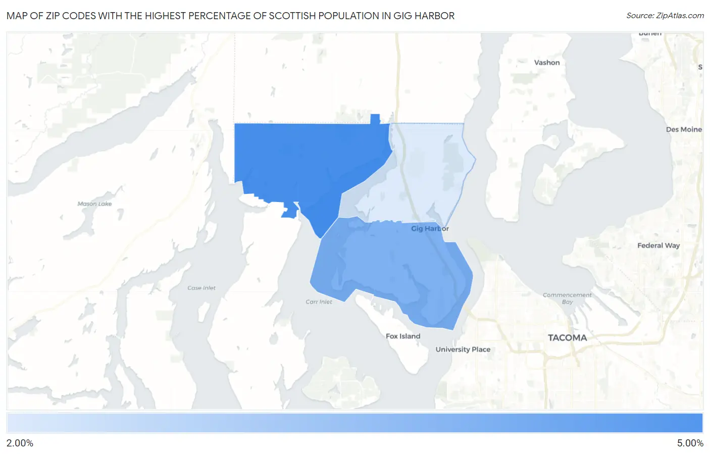 Zip Codes with the Highest Percentage of Scottish Population in Gig Harbor Map
