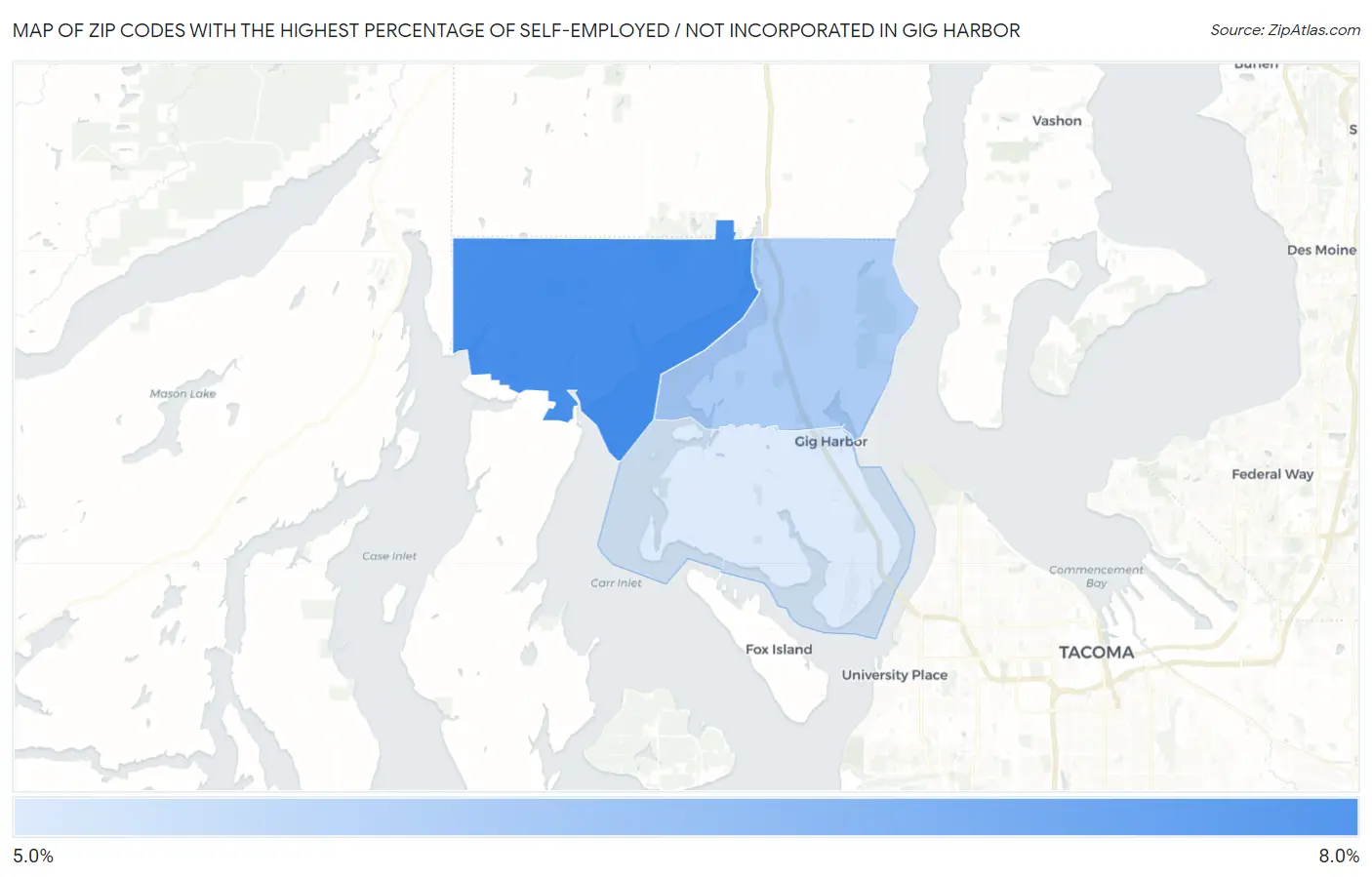 Zip Codes with the Highest Percentage of Self-Employed / Not Incorporated in Gig Harbor Map