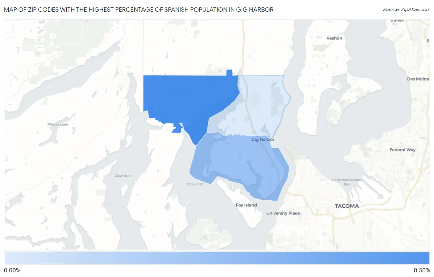 Zip Codes with the Highest Percentage of Spanish Population in Gig Harbor Map