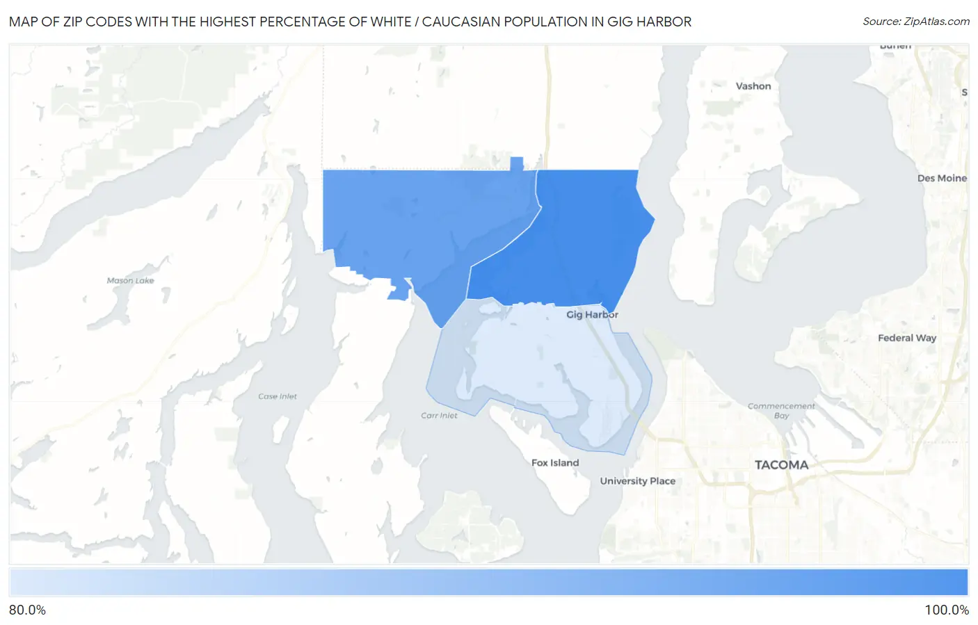 Zip Codes with the Highest Percentage of White / Caucasian Population in Gig Harbor Map
