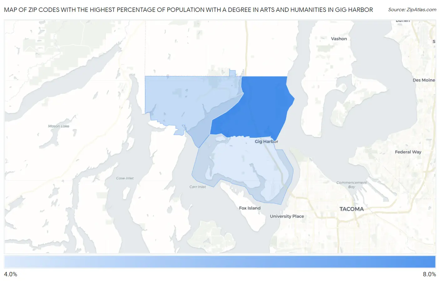 Zip Codes with the Highest Percentage of Population with a Degree in Arts and Humanities in Gig Harbor Map