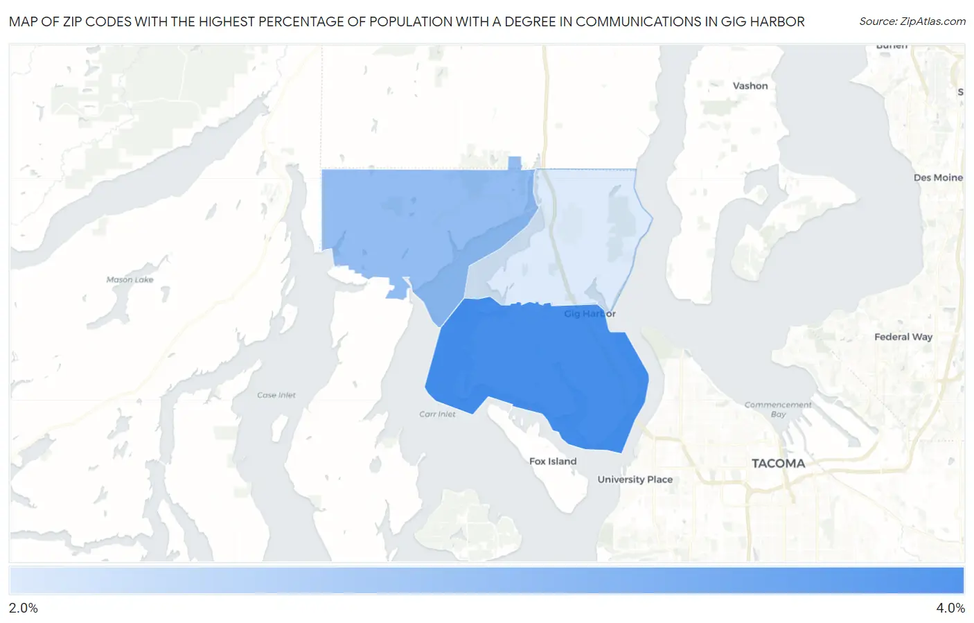 Zip Codes with the Highest Percentage of Population with a Degree in Communications in Gig Harbor Map