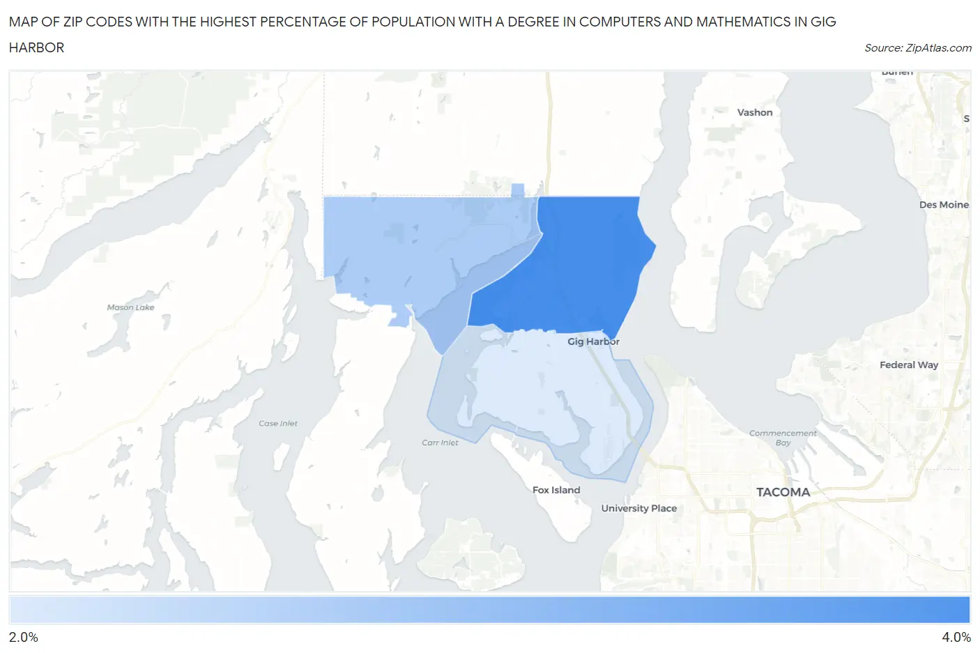 Zip Codes with the Highest Percentage of Population with a Degree in Computers and Mathematics in Gig Harbor Map