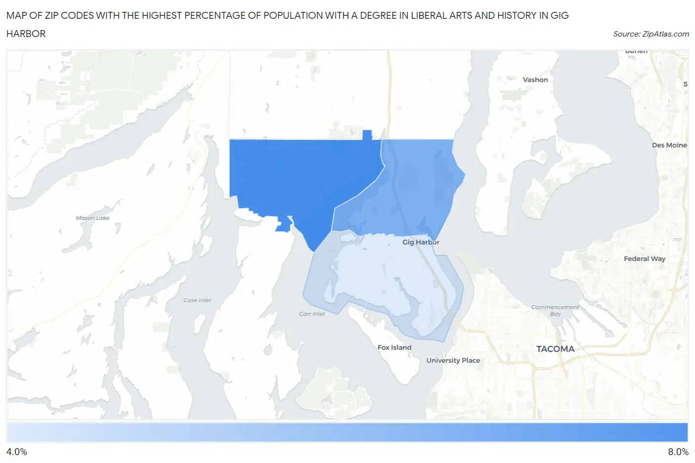 Zip Codes with the Highest Percentage of Population with a Degree in Liberal Arts and History in Gig Harbor Map