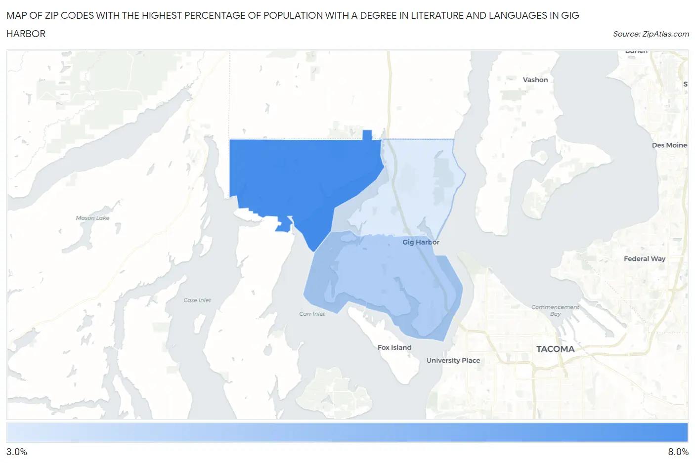 Zip Codes with the Highest Percentage of Population with a Degree in Literature and Languages in Gig Harbor Map