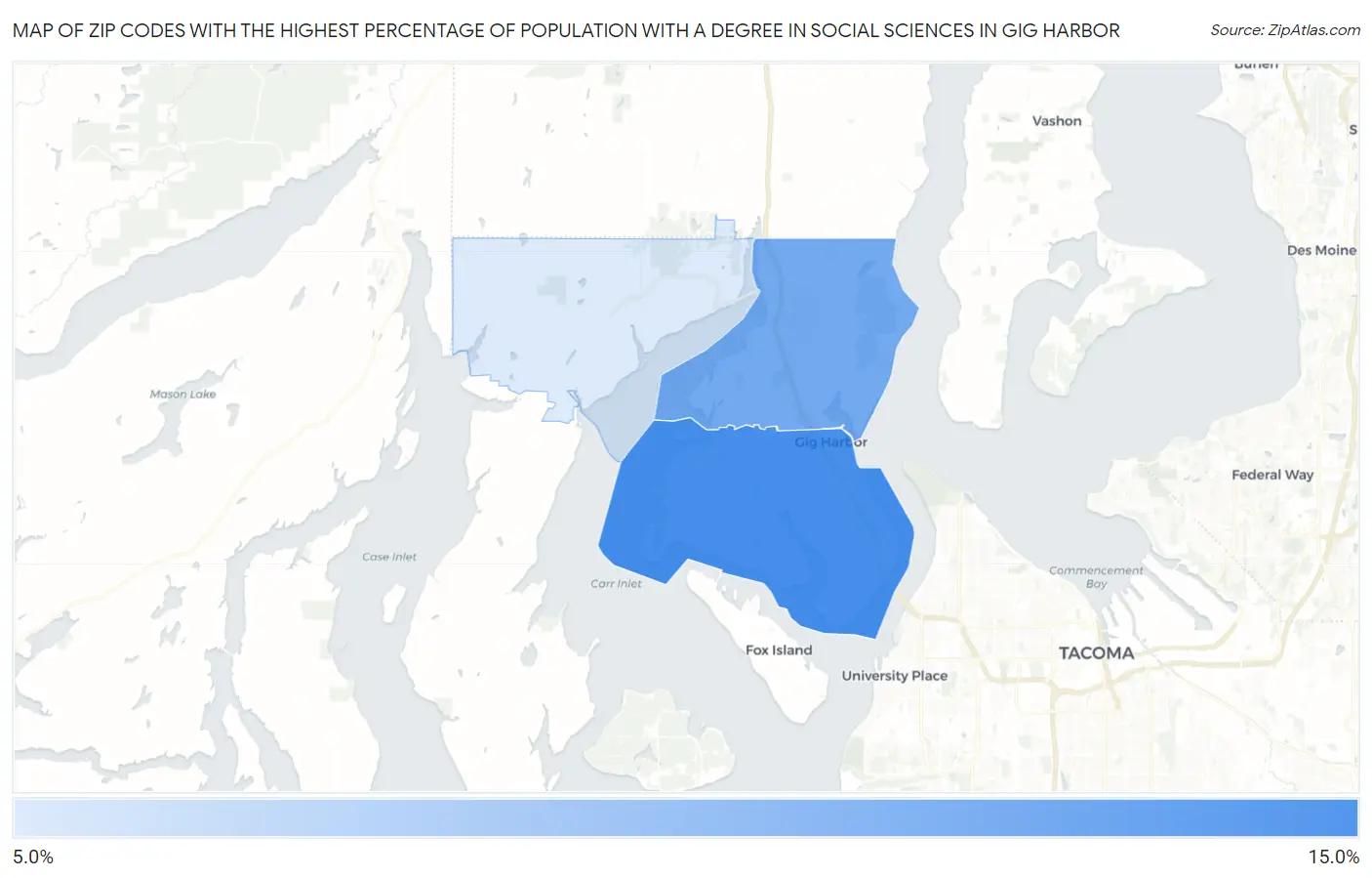 Zip Codes with the Highest Percentage of Population with a Degree in Social Sciences in Gig Harbor Map