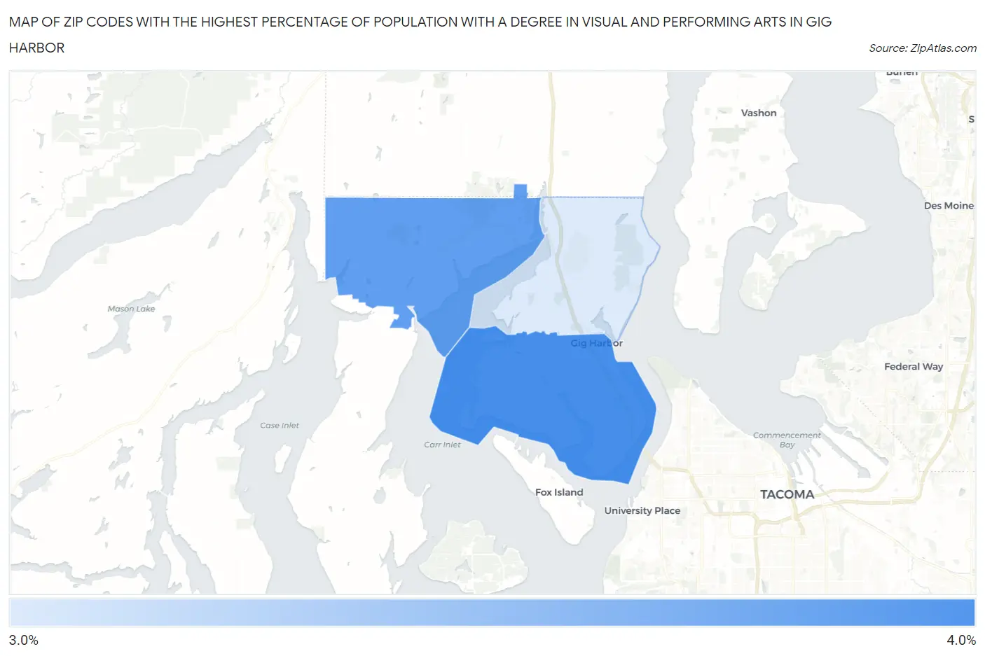 Zip Codes with the Highest Percentage of Population with a Degree in Visual and Performing Arts in Gig Harbor Map