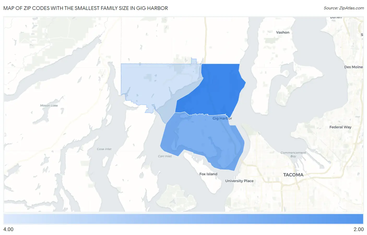Zip Codes with the Smallest Family Size in Gig Harbor Map