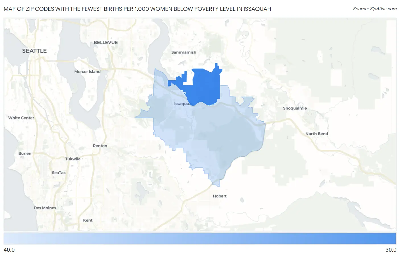 Zip Codes with the Fewest Births per 1,000 Women Below Poverty Level in Issaquah Map
