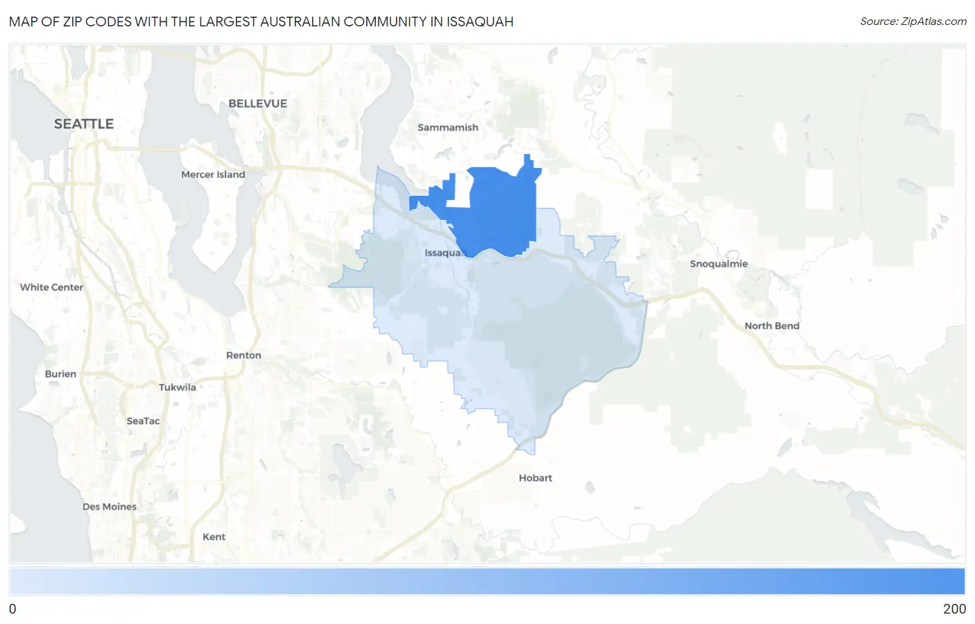 Zip Codes with the Largest Australian Community in Issaquah Map