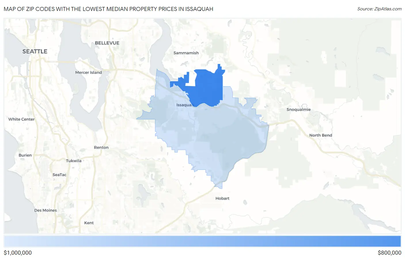 Zip Codes with the Lowest Median Property Prices in Issaquah Map