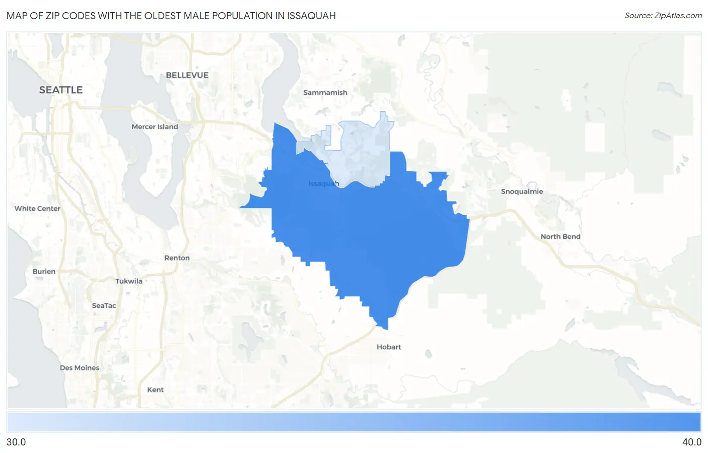 Zip Codes with the Oldest Male Population in Issaquah Map