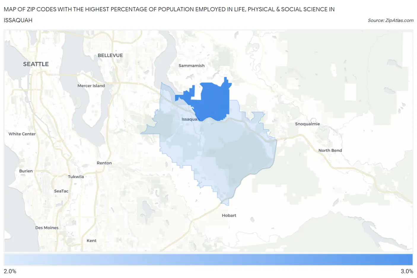 Zip Codes with the Highest Percentage of Population Employed in Life, Physical & Social Science in Issaquah Map