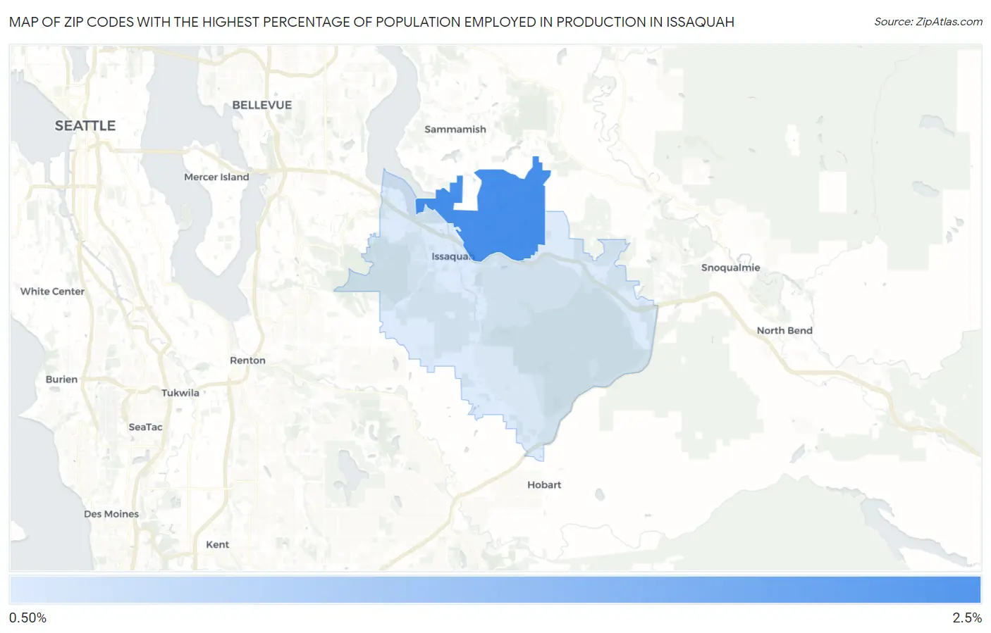 Zip Codes with the Highest Percentage of Population Employed in Production in Issaquah Map