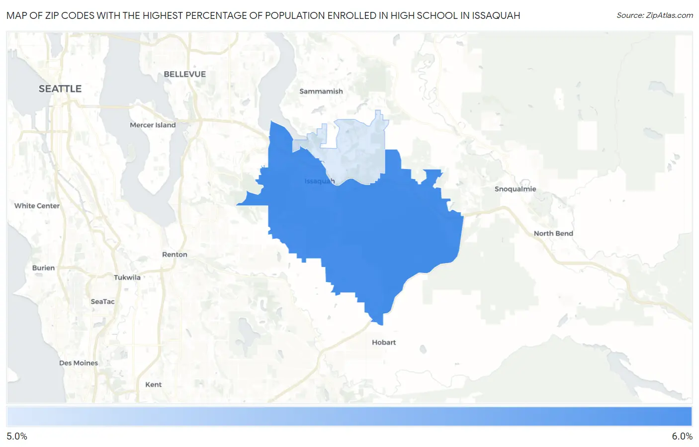 Zip Codes with the Highest Percentage of Population Enrolled in High School in Issaquah Map